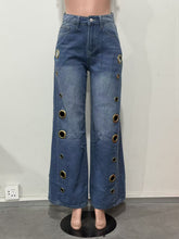 High Waist Loose Geometric Hollow Pockets Split Jeans