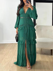 Sexy V-neck Patchwork Ruffle Split Maxi Dress