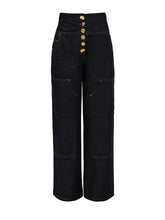 Solid Spliced Button High Waist Straight Jeans