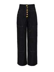 Solid Spliced Button High Waist Straight Jeans