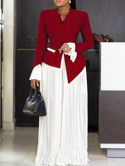 Casual V-neck Asymmetry Top Pleated Wide Leg Pants Set