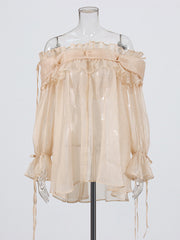 Fashion Off Shoulder Mesh Ruffle Tops