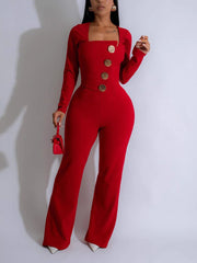 Fashion Patchwork Big Button Long Sleeve Jumpsuit