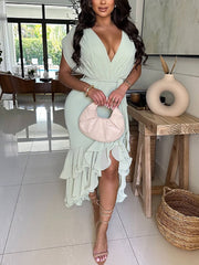 Sexy V Neck Lace-up Irregularity Ruffles Midi Dress