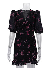 Fashion V Neck Floral Print Ruched Mini Dress