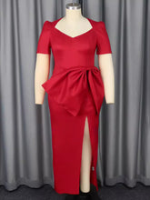 V Neck Short Sleeves High Slit Large Bowtie Dress