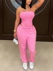 Sexy Strapless Bodysuit Stretch Waist Pants Set