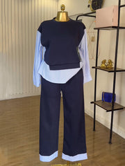 Fashion Stripe Patchwork Long Sleeve Round Neck Set