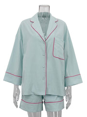 Casual Lapel Nightwear Shorts Cotton Sleepwear Suit