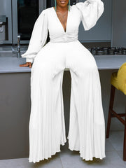 Beaded V Neck Loose Wide Leg Jumpsuit