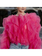 Sheer Chiffon Layered Ruffle Round Neck Cropped Blouse