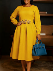 Round Neck Long-Sleeve Floral Embellishment Midi Dress