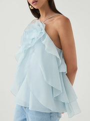 Romantic Spaghetti Strap Backless Ruffle Layered Tops