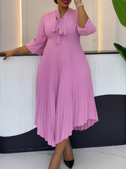 Elegant Bow Lace-up Neck Slim Pleated Dress