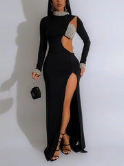 Sexy Hollow Out Rhinestones High Split Maxi Dress