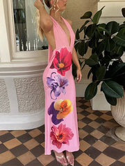 Sexy Deep V Halter Flower Print Slim Maxi Dress