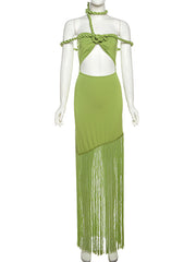 Sexy Fringe Trim Hollow Out Twist tie Halter Maxi Dress