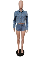 Casual Denim Jacket Shorts Two Piece Set