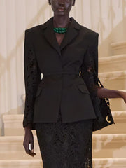 Fashion Lace Patchwork Cinched Waist Bandage Blazer