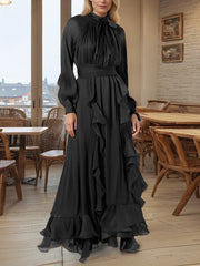 Elegant Lantern Sleeve Ruffle Cinched Waist Maxi Dress