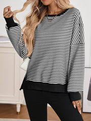 Casual Round Neck Stripe Contrast Sweatshirt