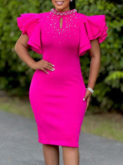 Fashion Beaded Ruffle Sleeve Evening Dress