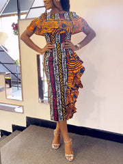Elegant Print Ruffle Package Hip Dress