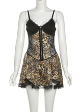 Sexy Lace Patchwork Leopard Print Ruffle Mini Dress