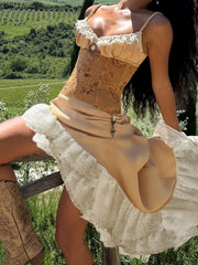 Vintage Print Lace Patchwork Tube Top Knit Skirt Sets