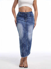 Fashion Butterfly Print Denim Long Skirt