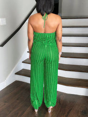 Halter Neck Sleeveless Ruffle Two Piece Pants Set