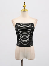 Fashion Pearl Chain Embellished Mesh Patchwork Tube Top