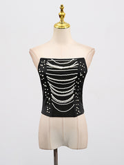 Fashion Pearl Chain Embellished Mesh Patchwork Tube Top