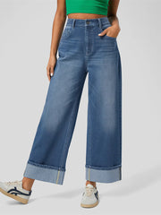 High Waist Rolled Hem Straight Casual Jeans