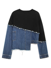 Fashion Irregular Hem Denim Patch Sweatshirt