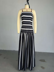 Fashion Spaghetti Strap Stripe Patchwork Maxi Dress