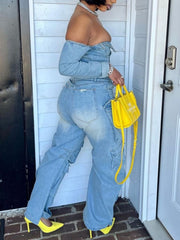 Casual Off Shoulder Denim Cargo Jumpsuit