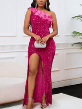 One Shoulder Feathers High Slit Sequins Dress