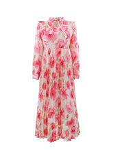 Elegant Print O Neck Long Sleeve Pleated Dress
