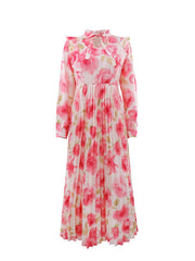 Elegant Print O Neck Long Sleeve Pleated Dress