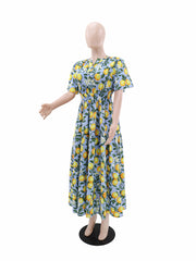 Casual V Neck Floral Print Cinched Waist Maxi Dress