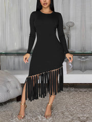 Elegant Round Neck Tassel Slim Dress