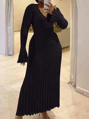 Casual V-neck Ribbed Knit Slim Maxi Dress
