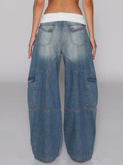 Casual Elastic Waist Patchwork Baggy Jeans