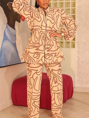 Print Cinched Waist Top Casual Pants Two Piece Set