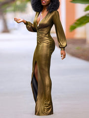 Elegant Ruched Deep V Neck Evening Party Dress