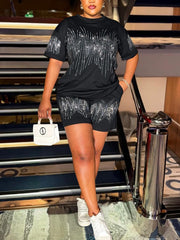 Casual Round Collar Rhinestone T shirt Shorts Set