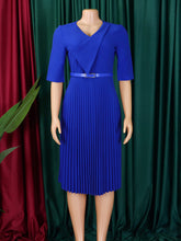 Fashion V-neck Belted Pleated Midi Dress