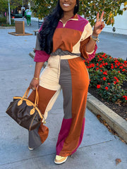 Casual Color Block Patchwork Top And Pants Sets