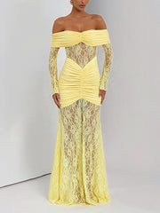 Sexy Off-Shoulder Sheer Mesh Lace Patchwork Maxi Dress